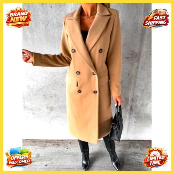 Women's Long Wool Trench Coat Double Breasted Peacoat Winter Casual Vintage - Picture 2 of 4
